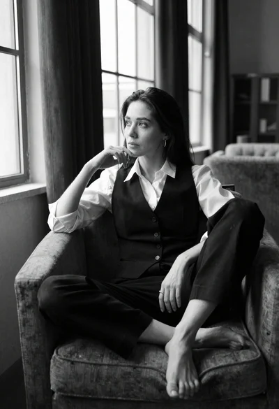 Black and white portrait of contemplative woman by large windows