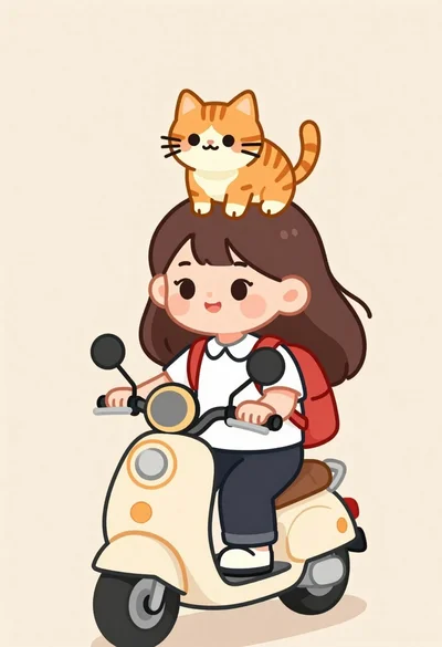 Chibi girl riding beige scooter with orange cat on her head