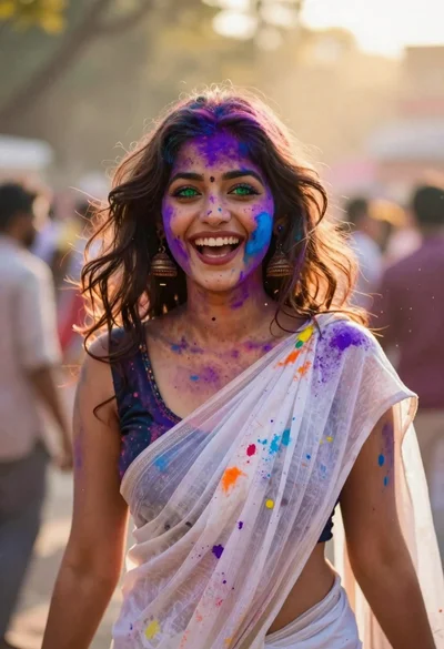 Joyful young woman in white sari covered in colorful powder at festival
