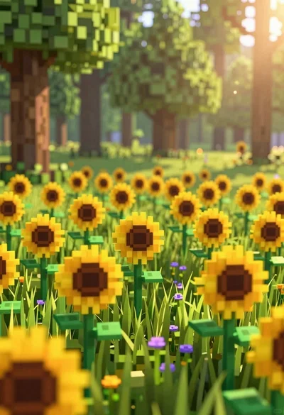 Minecraft style voxel sunflower field in a lush green forest clearing