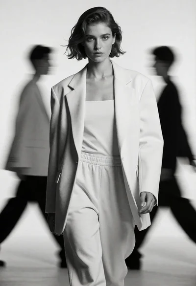 Monochrome fashion photograph of a model walking in a minimalist studio setting