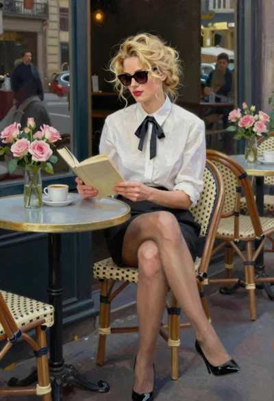 Blonde woman reading at a cafe table with roses