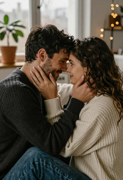 Close up cinematic portrait of couple embracing indoors with natural light