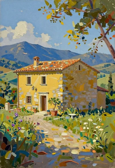 Italian villa in sunlit countryside with blue mountains