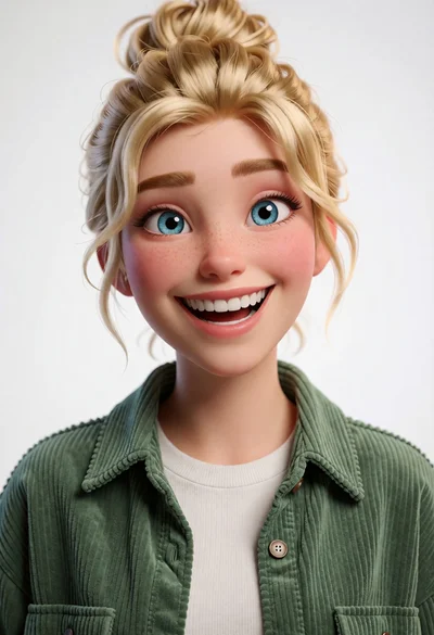 Cheerful young woman with blonde hair in green corduroy shirt studio portrait