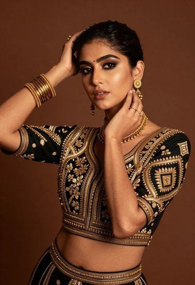 Glamorous woman posing in black embroidered top against warm brown studio backdrop