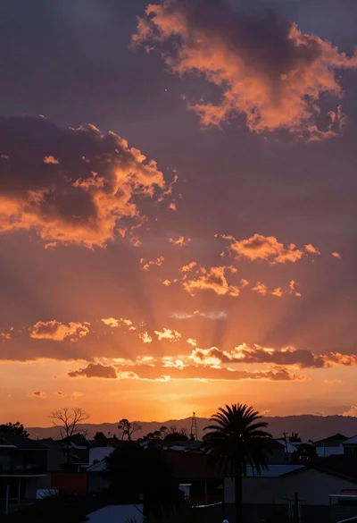 Dramatic sunset over rural landscape with vibrant orange pink clouds