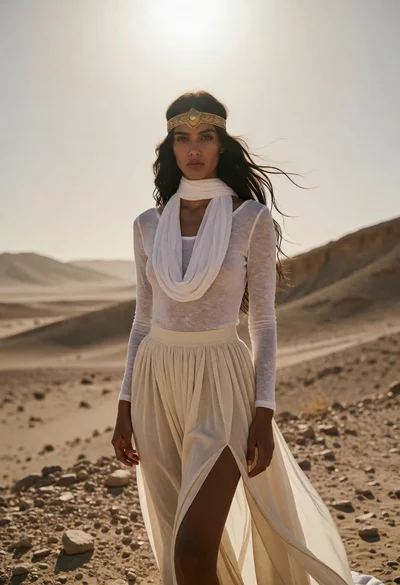 Woman in white flowing garments standing alone across vast desert landscape