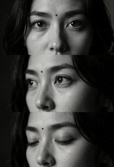 Triptych black and white close up portraits focusing on womans eyes