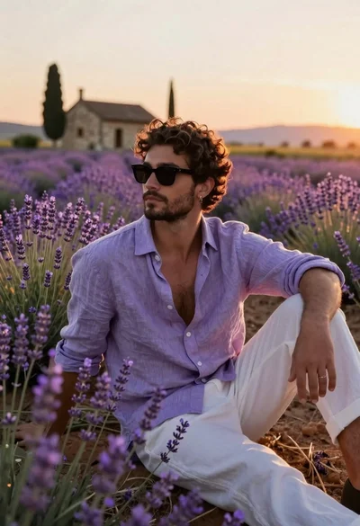 Handsome man with dark curly hair and beard sitting in lavender field