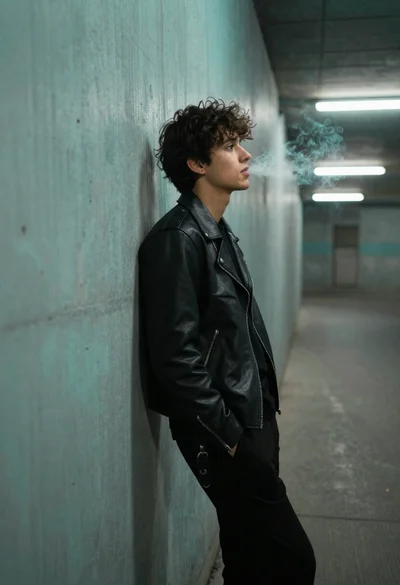 Young man in black leather jacket leaning against teal concrete wall