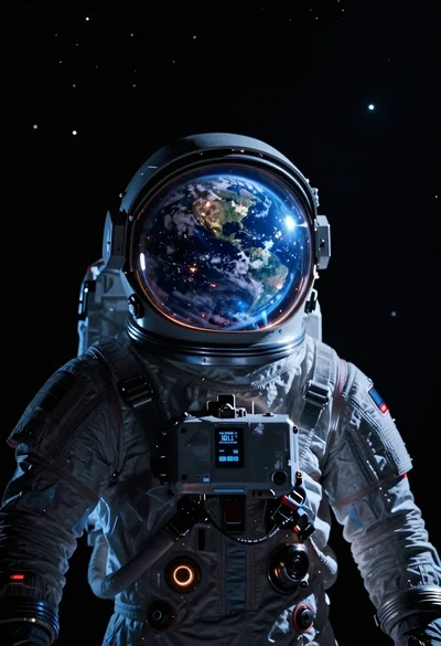 Astronaut floating in deep space viewing earth