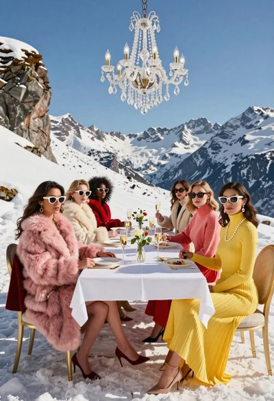 Women dining at table against snowy mountain backdrop