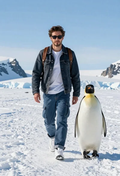 Man and emperor penguin walking together through snowy arctic landscape