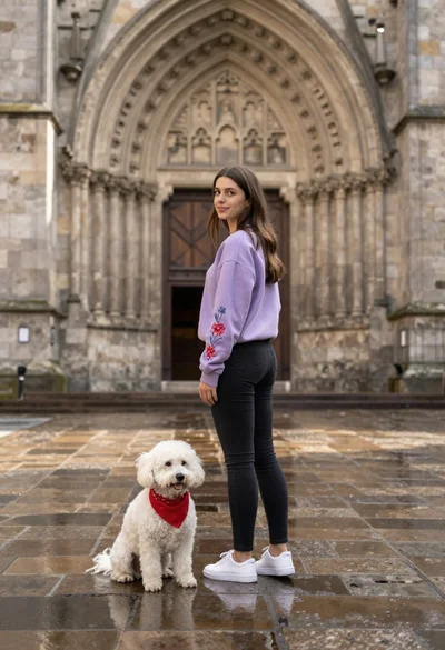 Young woman in lavender sweatshirt stands next to small white dog on