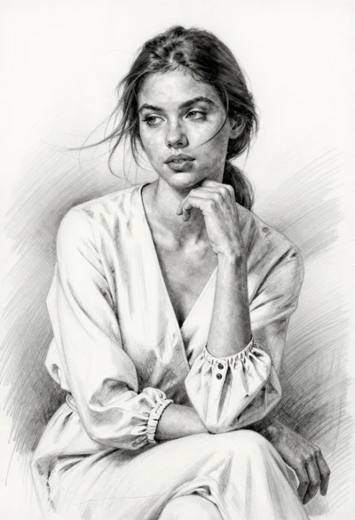 Pencil sketch portrait of young woman with dark hair