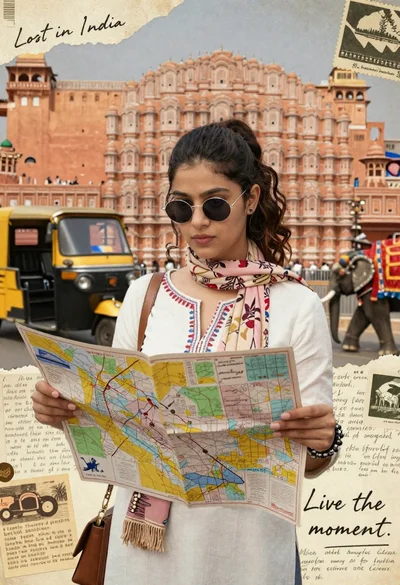 Young woman holding map against indian architectural collage background