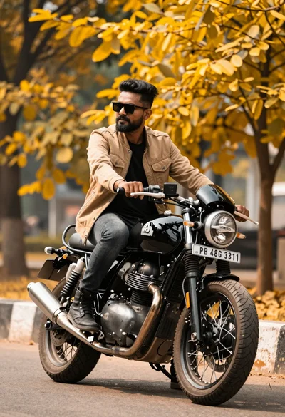 Man on custom motorcycle outdoors with vibrant yellow foliage background
