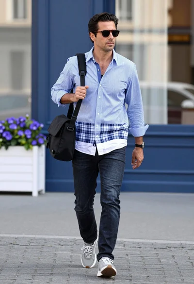 Stylish man walking down urban street in blue striped shirt and dark