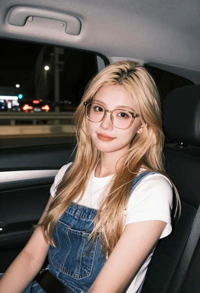 Candid portrait of blonde woman in overalls sitting in car at night