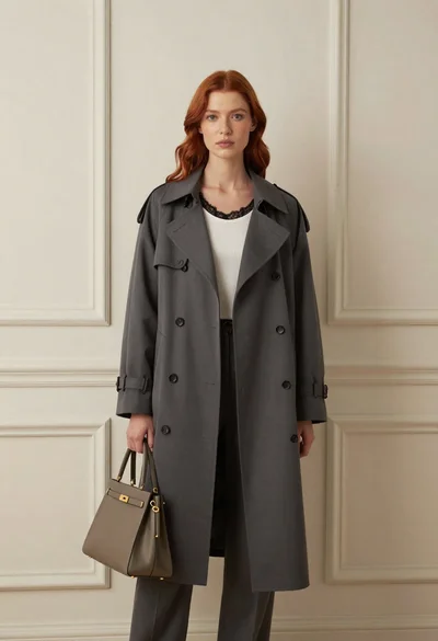 Stylish woman in trench coat against cream paneled wall studio portrait