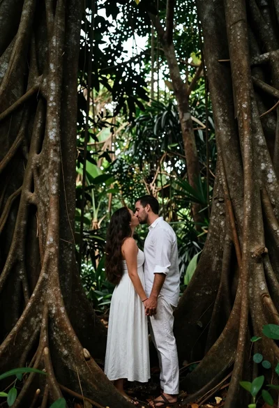 Romantic couple kissing under massive banyan tree roots in lush jungle