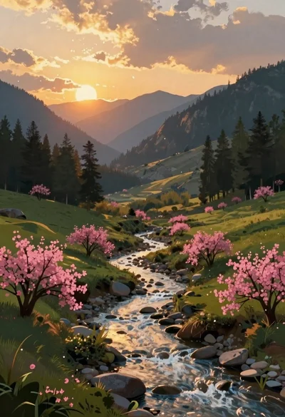 Mountain landscape with river at golden hour sunset