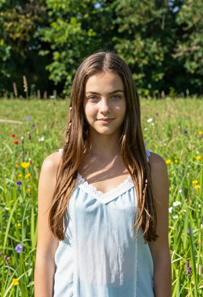 Young woman with brown hair in light blue top standing in sunny