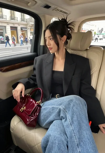 Woman seated in luxury car interior by city street