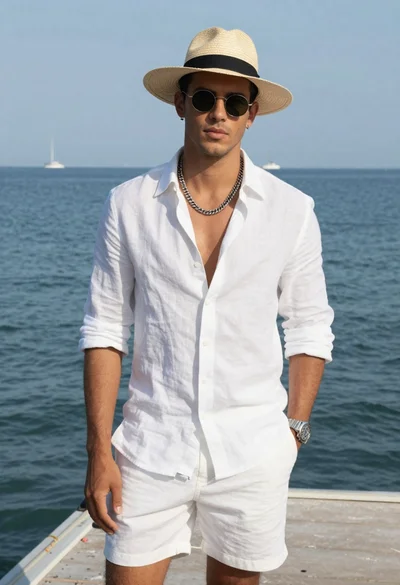 Stylish man in white linen on a sunny dock
