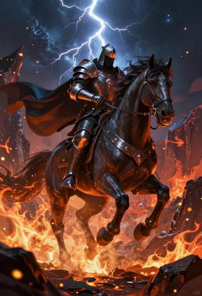 Dark knight on warhorse through fiery chasm
