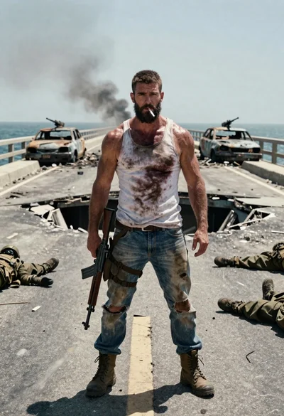Muscular man with rifle stands on wartorn bridge overlooking ocean