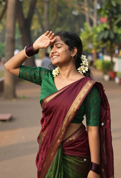 Smiling woman in green blouse and maroon saree in outdoor garden setting