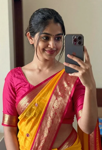 Young woman taking mirror selfie in vibrant traditional indian saree