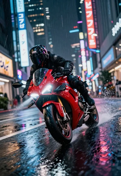 Motorcyclist turning on rain slicked futuristic city street