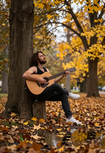 Man playing acoustic guitar leaning against tree in autumn park setting