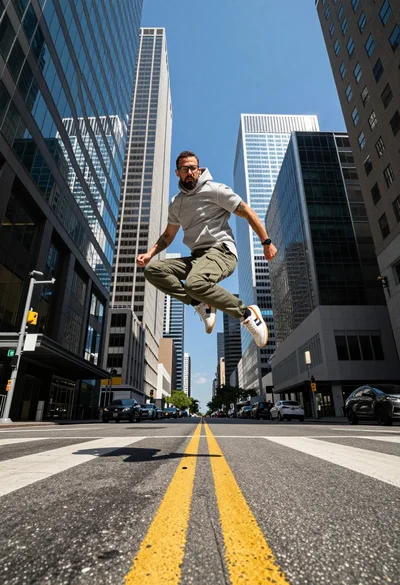 Fit man jumping over city street intersection between towering modern skyscrapers