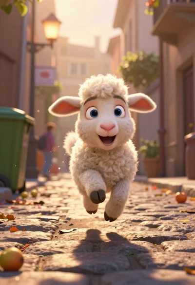 Animated lamb running down a sunlit european alleyway