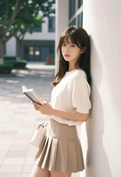 Young east asian woman in cream knit top leaning against modern building