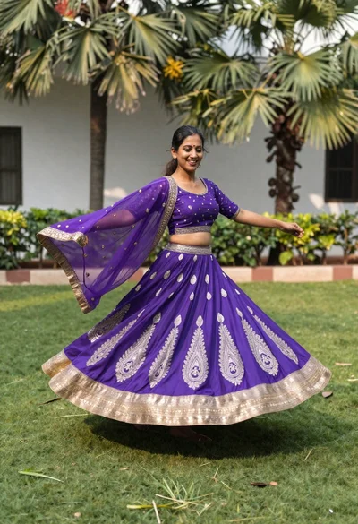Woman twirling in purple lehenga choli on lush green lawn