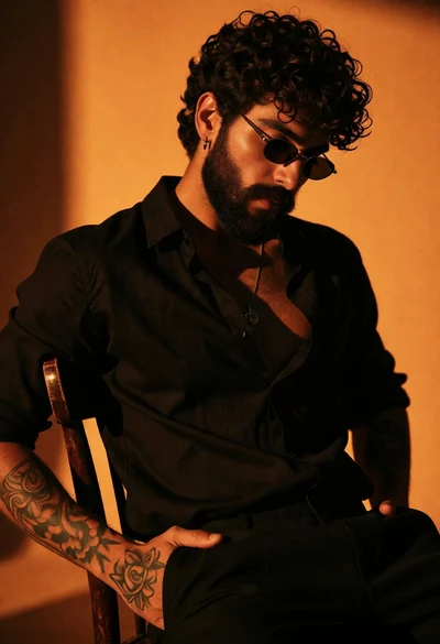 Man with beard in black shirt against solid orange wall studio portrait