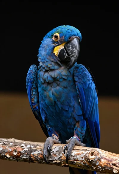 Close up portrait of a blue macaw on a branch against black