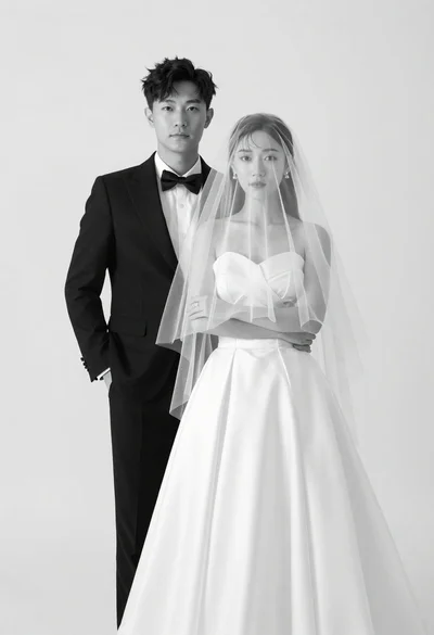 Black and white studio portrait of couple in wedding attire