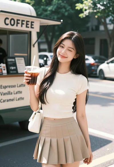 Young east asian woman smiling outdoors holding iced coffee by a shop