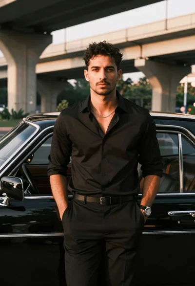 Man leaning against classic black car in urban underpass