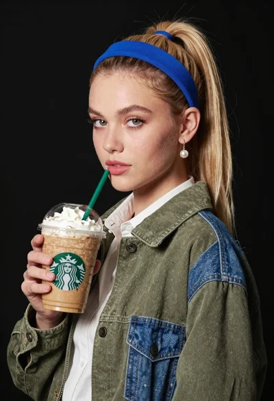 Blonde woman holding iced coffee against black backdrop