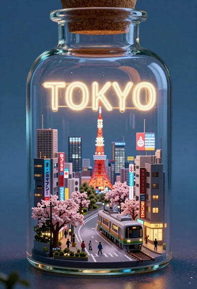 Miniature illuminated tokyo cityscape inside a glass bottle