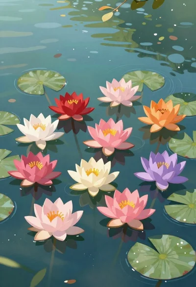 Vibrant pond with colorful lotus flowers and lily pads