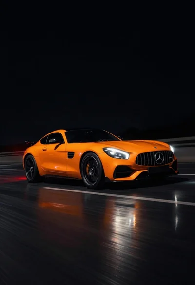 Glowing orange sports car drifting on dark reflective surface