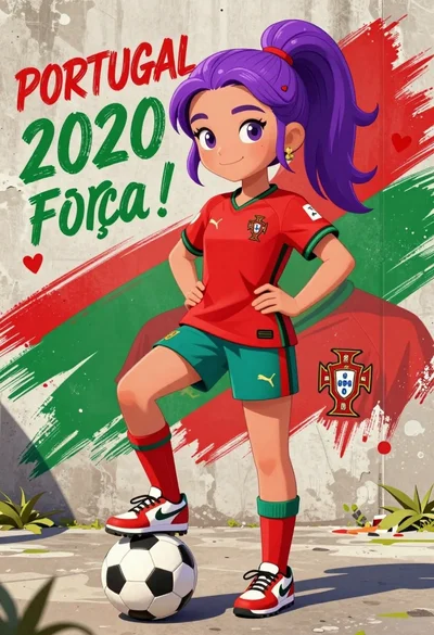 Young girl on soccer ball against mural background digital illustration